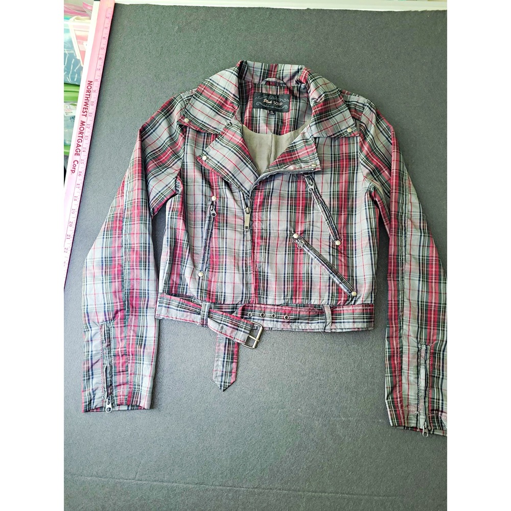 Punk Soup Women's Plaid Biker Jacket Zip Belted Slim Fit Gray Pink Black S